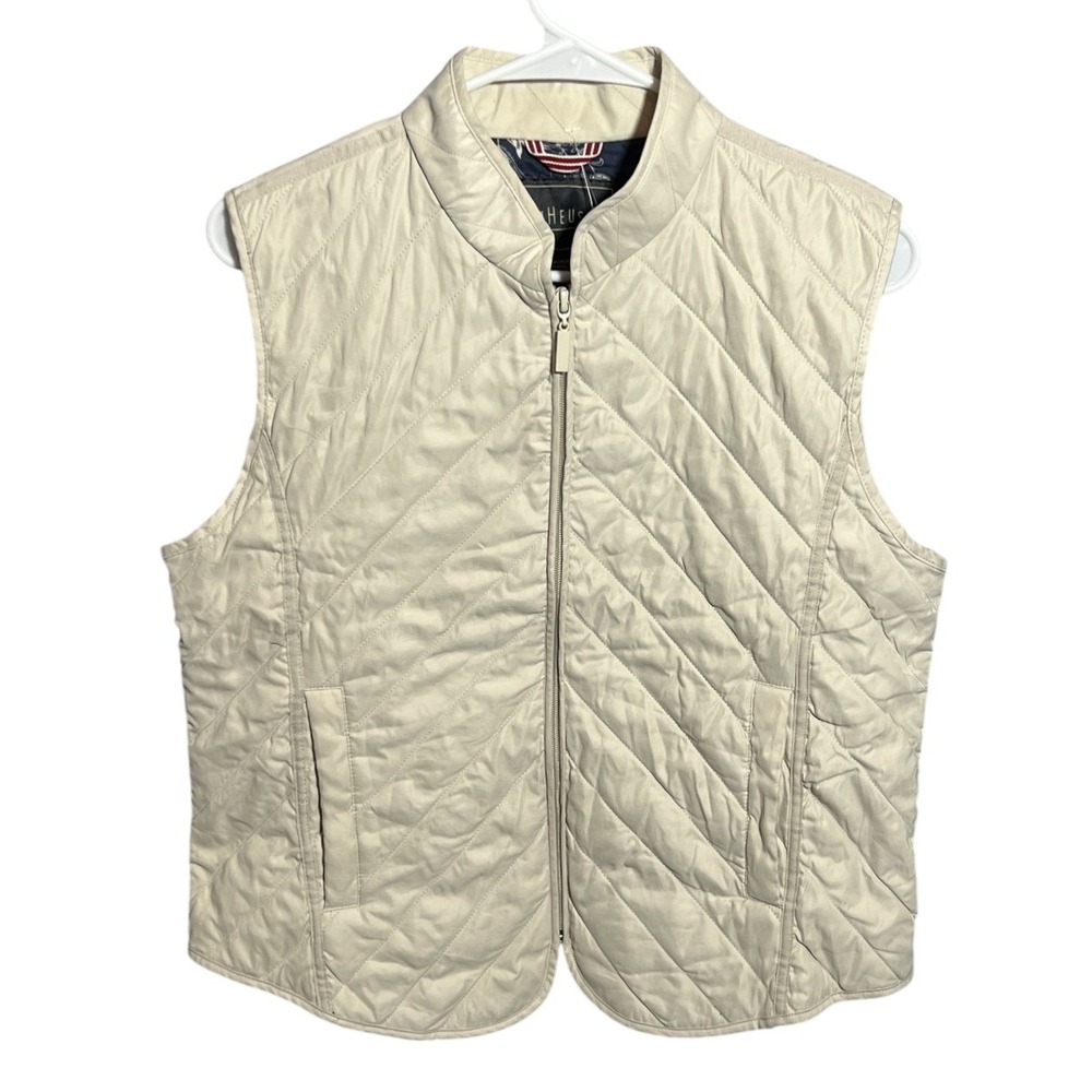 Van Heusen Women's Quilted Full Zip Vest Size M Beige Pockets Casual Layer